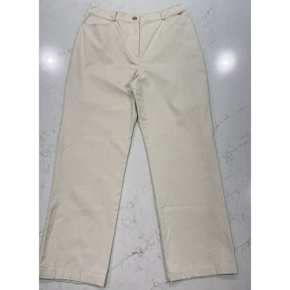 ST John Sport Marie Gray‎ High Rise Straight Pants Sz 12 Gold Accent Ivory Golf